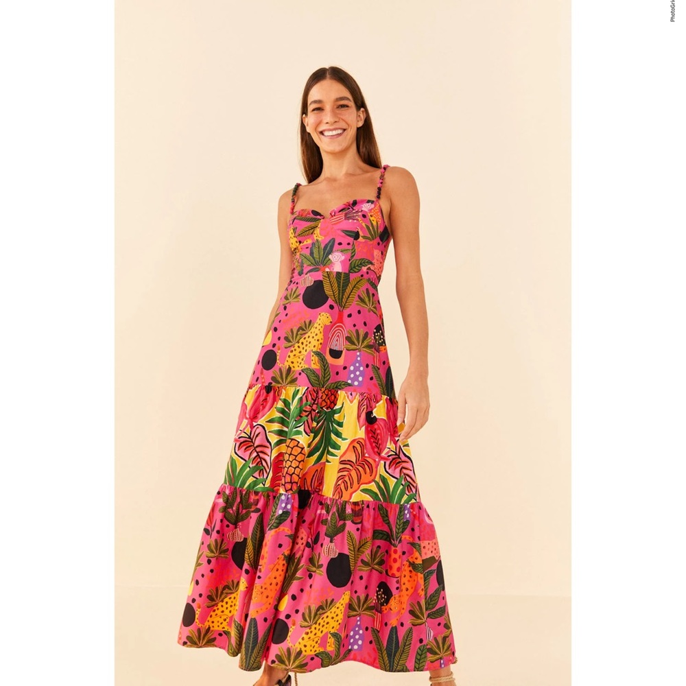 FARM Rio Pink Tropical Print Midi Dress